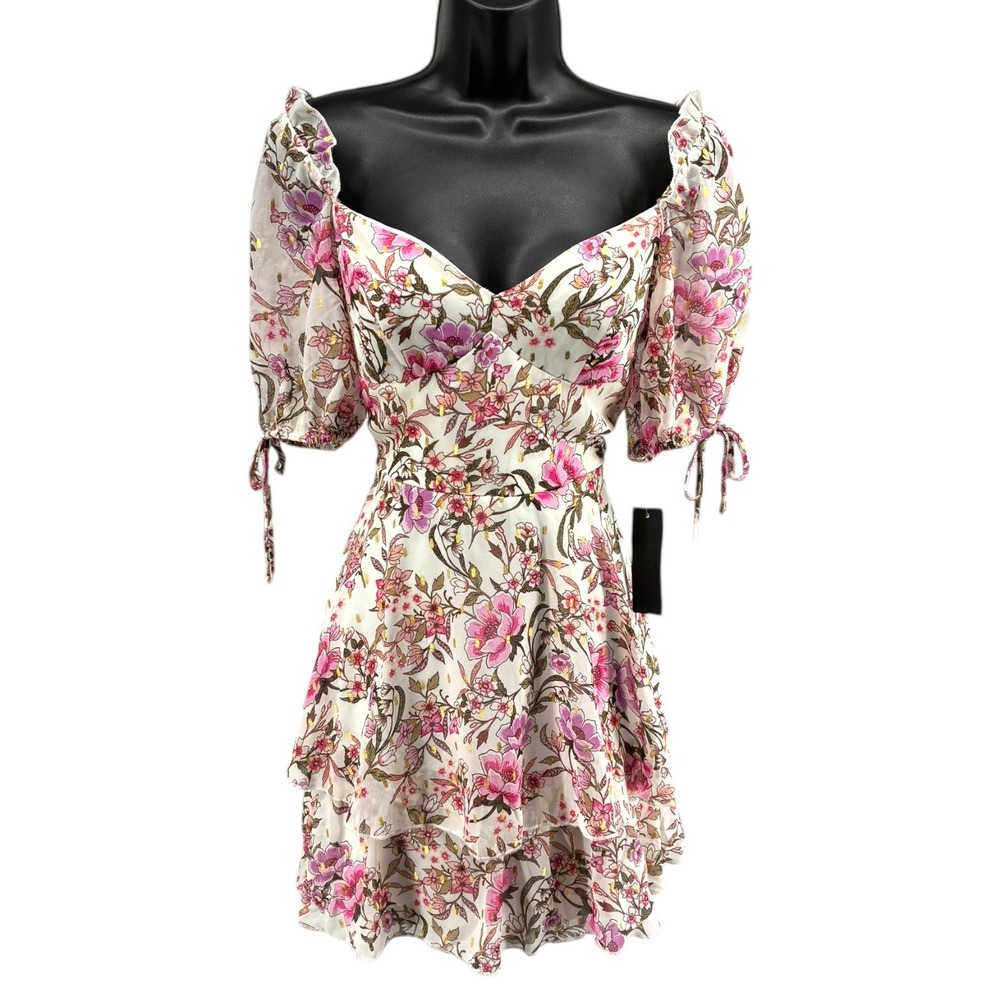 City Studio M Ivory/Berry Floral Sweetheart Puff Sleeve Ruffle Mini Dress NWT